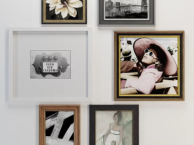 Various Photo Frames in Different Styles Hanging on White Wall 3d model