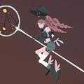 Woman with pink long ponytail black hat yellow decorations holding glowing sword in dark sky