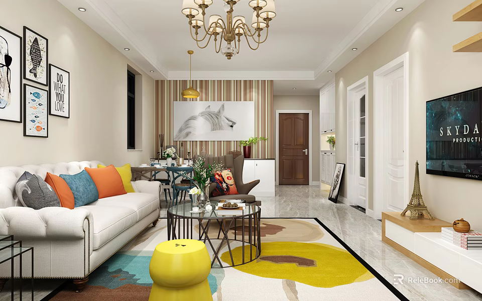 Modern Living Room Interior With White Sofa Colorful Cushions Glass Coffee Table And Striped Wallpaper 3d model 
