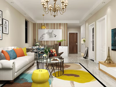 Modern Living Room Interior With White Sofa Colorful Cushions Glass Coffee Table And Striped Wallpaper 3d model