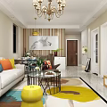 Modern Living Room Interior With White Sofa Colorful Cushions Glass Coffee Table And Striped Wallpaper