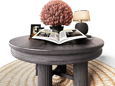 Gray Round Table With Open Magazine Pink Spherical Decoration Table Lamp And Woven Rug 3d model