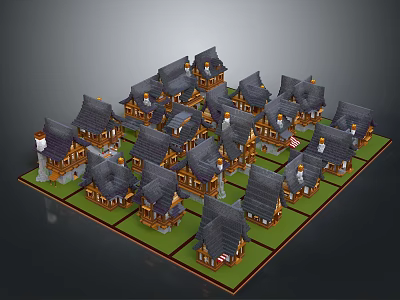 3D Miniature Village Model with Neatly Arranged Small Houses Dark Roofs and Green Ground 3d model