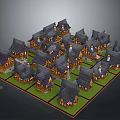 3D Miniature Village Model with Neatly Arranged Small Houses Dark Roofs and Green Ground