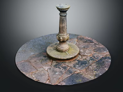 Ornate Stone Column With Carved Base On Circular Dark Textured Pavement 3d model