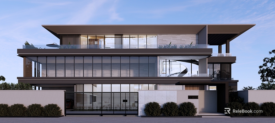 Modern Two Story Detached Villa With Large Glass Windows And Balcony 3d model 