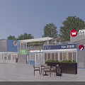 Modern Commercial Street with Container Style Buildings Tea Shops Outdoor Seating and Trees