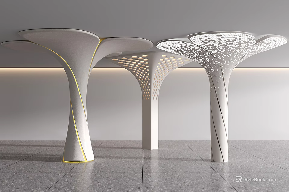 Modern White Perforated Columns With Curved Design In Interior Space 3d model 