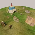 Cartoon Scene with Green Grass Blue White Tent Red Top Wooden Crate and Windmill Objects