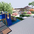 Beautiful Courtyard Garden With Two Story House Pergola Green Plants And Seating Area