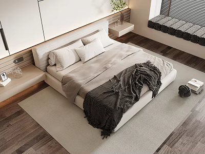 Minimalist Double Bed Interior With White Pillows Cozy Blanket Nightstand And Wooden Floor 3d model
