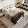 Minimalist Double Bed Interior With White Pillows Cozy Blanket Nightstand And Wooden Floor