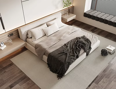 Minimalist Double Bed Interior With White Pillows Cozy Blanket Nightstand And Wooden Floor 3d model