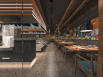 Modern Restaurant Interior With Wooden Decor Colorful Murals And Arranged Dining Tables 3d model