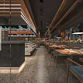 Modern Restaurant Interior With Wooden Decor Colorful Murals And Arranged Dining Tables