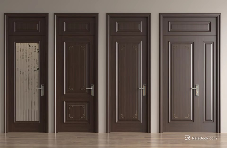 Dark Brown Solid Wood Hinged Doors With Various Designs And Glass Panel Details 3d model