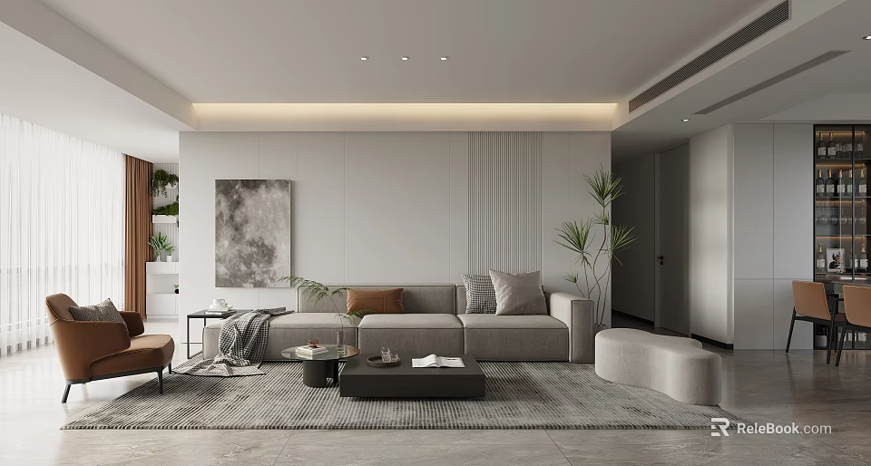 Modern Living And Dining Room Interior With Sofa Coffee Table Rug And Decorative Painting 3d model 
