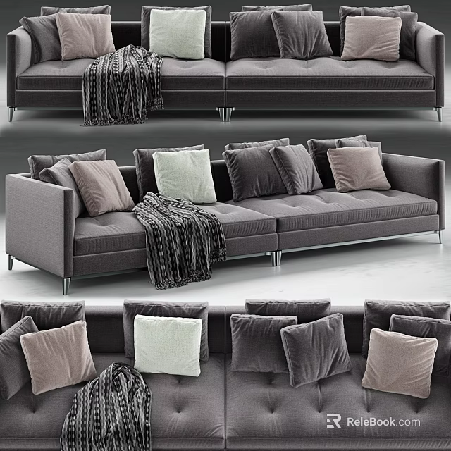 Modern Gray Fabric Sectional Sofa With Plush Pillows And Throw Blanket 3d model
