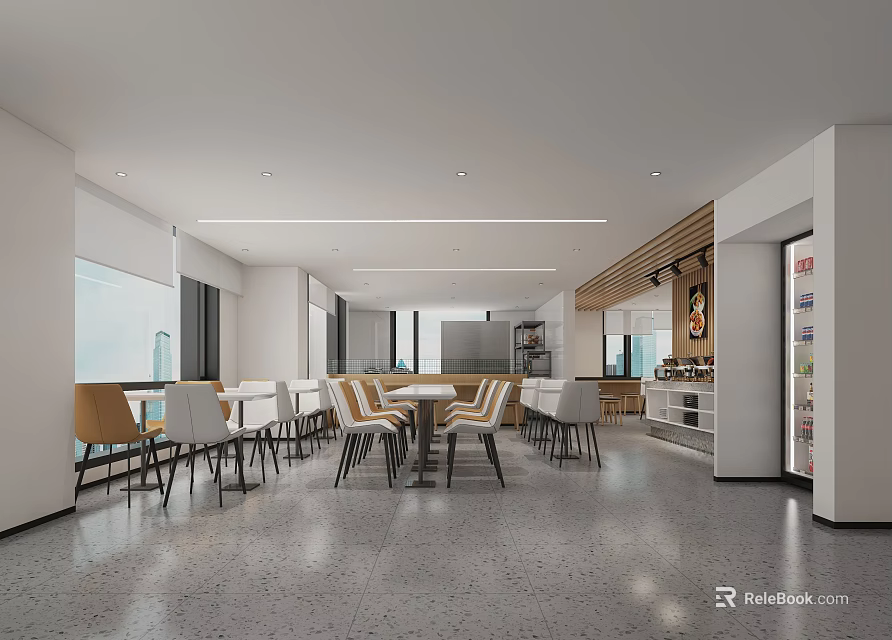 Modern Restaurant Interior With Open Space Large Windows Gray Floor Tables And Wooden Accents 3d model 