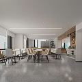 Modern Restaurant Interior With Open Space Large Windows Gray Floor Tables And Wooden Accents