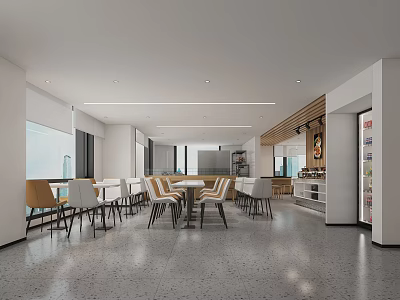 Modern Restaurant Interior With Open Space Large Windows Gray Floor Tables And Wooden Accents 3d model