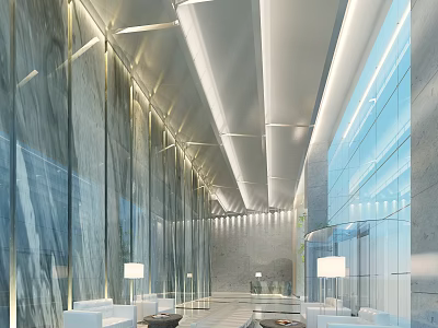 Spacious Modern Service Hall Interior Design With Glass Walls Marble Panels And Bright Lighting 3d model