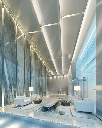 Spacious Modern Service Hall Interior Design With Glass Walls Marble Panels And Bright Lighting 3d model