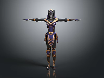 Fantasy Game and Movie Character in Purple Black Armor Outfit with Gold Accents and Mask 3d model