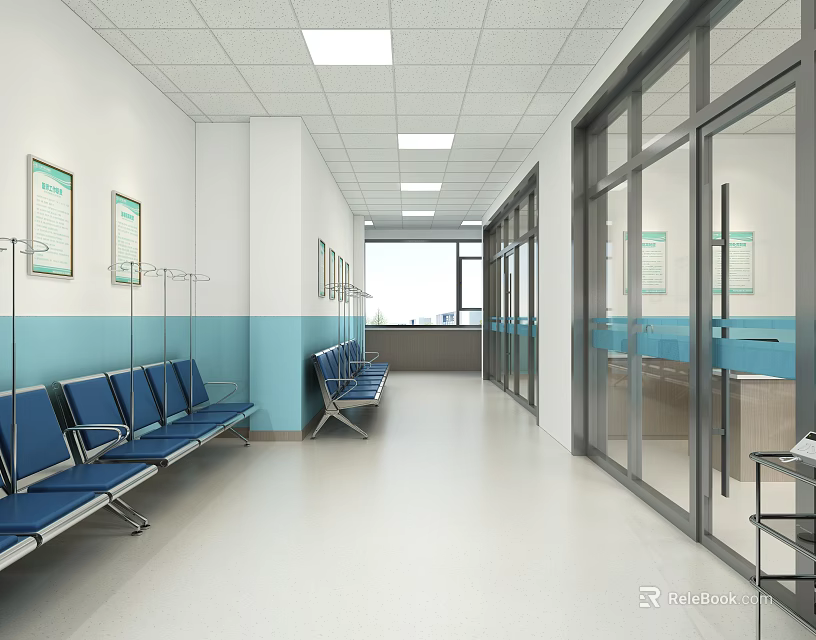 Hospital Waiting Area With Blue Chairs White Light Blue Walls Glass Windows And Ceiling Lights 3d model 