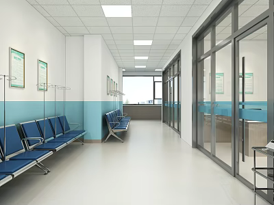 Hospital Waiting Area With Blue Chairs White Light Blue Walls Glass Windows And Ceiling Lights 3d model