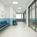 Hospital Waiting Area With Blue Chairs White Light Blue Walls Glass Windows And Ceiling Lights