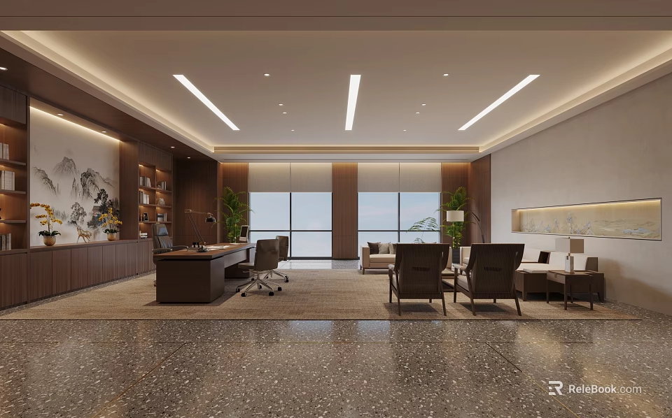 Modern Office Interior Design With Large Windows Wooden Desk And Green Plants 3d model 