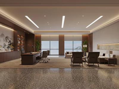 Modern Office Interior Design With Large Windows Wooden Desk And Green Plants 3d model