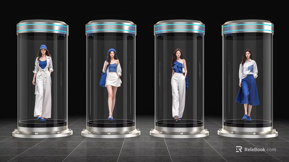 Women in Transparent Cylindrical Containers Wearing Blue and White Outfits Hats Shoes and Handbags 3d model 