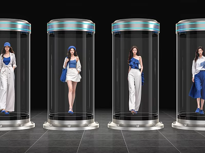 Women in Transparent Cylindrical Containers Wearing Blue and White Outfits Hats Shoes and Handbags 3d model