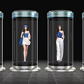 Women in Transparent Cylindrical Containers Wearing Blue and White Outfits Hats Shoes and Handbags
