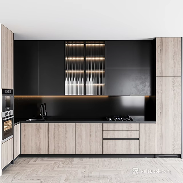 Modern Kitchen Interior Featuring Black And Wood Cabinets With Upper Lower Lighting And Black Countertop 3d model 