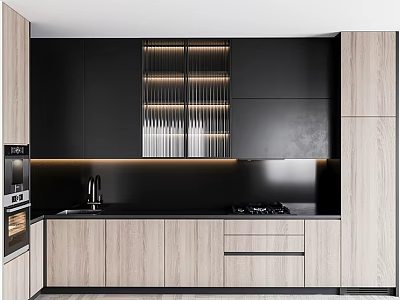 Modern Kitchen Interior Featuring Black And Wood Cabinets With Upper Lower Lighting And Black Countertop 3d model