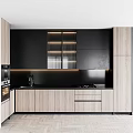 Modern Kitchen Interior Featuring Black And Wood Cabinets With Upper Lower Lighting And Black Countertop