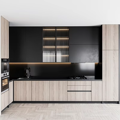 Modern Kitchen Interior Featuring Black And Wood Cabinets With Upper Lower Lighting And Black Countertop 3d model