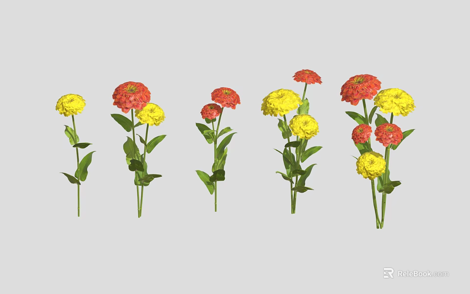 Vibrant Red and Yellow Flowers with Green Stems and Leaves Arranged on Grey Background 3d model 