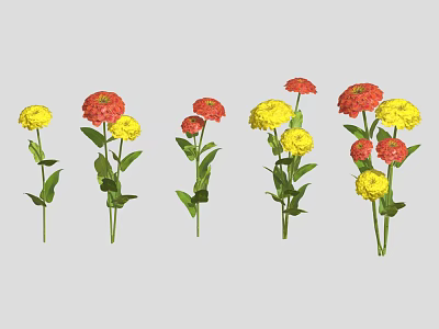 Vibrant Red and Yellow Flowers with Green Stems and Leaves Arranged on Grey Background 3d model