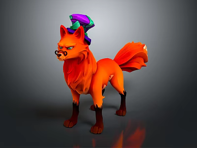 Character Fox With Orange Fur Wearing Purple Green Hat Standing Pose 3d model