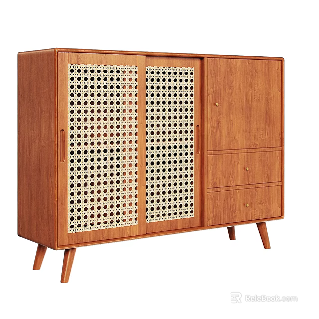 Modern Wooden Entryway Cabinet Sideboard With Woven Panel Doors Drawers And Tapered Legs 3d model 