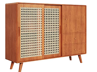 Modern Wooden Entryway Cabinet Sideboard With Woven Panel Doors Drawers And Tapered Legs 3d model