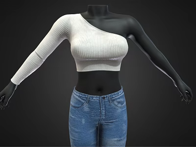 One Shoulder White Ribbed Knit Crop Top And Blue Denim Jeans Fashion Outfit 3d model