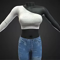One Shoulder White Ribbed Knit Crop Top And Blue Denim Jeans Fashion Outfit