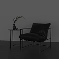 Modern Black Single Seater Sofa with Metal Frame Side Table Vase and Green Plant