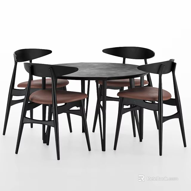 Modern Round Dining Table Set With Four Chairs Black Frame And Brown Seats 3d model