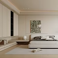 Modern Minimalist Bedroom Interior Design With White Bed Abstract Painting And Floor Lamp